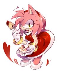 Rule 34 | 1girl, amy rose, animal ears, animal nose, bare shoulders, blush, bracelet, breasts, cake, cake slice, dress, eyelashes, food, fork, fruit, furry, furry female, gloves, gold bracelet, green eyes, hairband, hands up, heart, hedgehog ears, hedgehog girl, hedgehog tail, holding, holding fork, holding plate, jewelry, looking at viewer, medium breasts, open mouth, pink fur, plate, red dress, red hairband, simple background, sleeveless, sleeveless dress, smile, socks, solo, sonic (series), standing, strawberry, tail, teeth, tongue, weon1119, white background, white gloves, white socks
