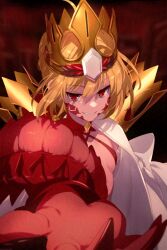 Rule 34 | 1girl, blonde hair, braid, breasts, commentary request, crown, dragon claw, dragon tail, echo (circa), facial mark, fate/grand order, fate (series), french braid, looking at viewer, nero claudius (fate), nero claudius (fate) (all), outstretched arm, queen draco (fate), queen draco (second ascension) (fate), red eyes, revealing clothes, robe, small breasts, smile, solo, tail, upper body, white robe
