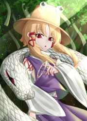 Rule 34 | 1girl, :o, absurdres, bad id, bad pixiv id, blonde hair, brown hat, cowboy shot, day, detached sleeves, diuda, flat chest, glint, hair tubes, hat, highres, jewelry, leaf, light particles, light rays, looking at animal, mishaguji, moriya suwako, open mouth, outdoors, parted bangs, purple skirt, purple vest, red eyes, ring, short hair with long locks, sidelocks, skirt, snake, solo, star (symbol), sunlight, touhou, tree, vest, wind, wind lift