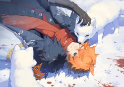 Rule 34 | 1109285578, 1boy, ahoge, aiguillette, black gloves, black jacket, blood, blood on face, blood splatter, blue eyes, buttons, closed mouth, coat, coat on shoulders, commentary, crossed bangs, english commentary, fox, fur-trimmed coat, fur trim, genshin impact, gloves, hair between eyes, hand up, highres, jacket, lapels, long sleeves, lying, male focus, mask, unworn mask, on back, on ground, one eye closed, orange hair, paw print, petting, red mask, red scarf, scarf, shadow, short hair, smile, snow, solo, tartaglia (genshin impact), white coat