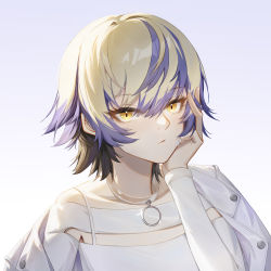 Rule 34 | 1girl, absurdres, androgynous, blonde hair, eyes visible through hair, gradient background, hair between eyes, hand on own face, highres, jacket, looking at viewer, portrait, real life, reol, short hair, solo, song gang yi, white jacket, yellow eyes