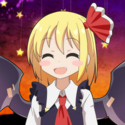 Rule 34 | 1girl, :d, ^ ^, ascot, bat wings, blonde hair, blush stickers, cato (monocatienus), closed eyes, commentary, facing viewer, fake wings, fang, hair ribbon, halloween, medium hair, open mouth, red ascot, red ribbon, ribbon, rumia, smile, solo, star (symbol), touhou, upper body, wings