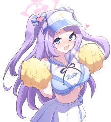 Rule 34 | 1girl, baksangmin, bare shoulders, blue archive, blue eyes, blue hat, blue shirt, blush, bow, breasts, cheerleader, crop top, facial mark, fang, hair ornament, halo, hanae (blue archive), hanae (cheer squad) (blue archive), hat, heart, heart halo, heart stickers, highres, holding, holding pom poms, large breasts, looking at viewer, midriff, miniskirt, navel, official alternate costume, official alternate hairstyle, open mouth, pink halo, pleated skirt, pom pom (cheerleading), pom poms, purple hair, sailor collar, sailor shirt, shirt, skin fang, skirt, sleeveless, sleeveless shirt, solo, sticker on face, sweat, swept bangs, two side up, very sweaty, visor cap, w arms, waist bow, white sailor collar, white skirt, x hair ornament