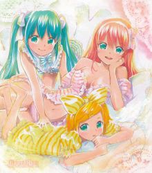 Rule 34 | 3girls, :d, aqua eyes, aqua hair, arm support, bare shoulders, blonde hair, blush, bow, breasts, doily, dress, hair bow, hair ribbon, hatsune miku, head rest, kagamine rin, large breasts, long hair, looking at viewer, lying, mayo riyo, medium breasts, megurine luka, multiple girls, navel, on side, on stomach, open mouth, pillow, pink hair, ribbon, short hair, smile, striped clothes, striped dress, traditional media, twintails, very long hair, vocaloid, watermark