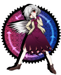Rule 34 | 1girl, arrow (symbol), blush, brown footwear, dress, gradient background, hand on own face, harusame (unmei no ikasumi), head tilt, jacket, kishin sagume, long sleeves, looking at viewer, open clothes, open jacket, purple dress, red eyes, shoes, silver hair, simple background, single wing, solo, touhou, uneven eyes, white wings, wings