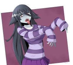 Rule 34 | 10s, 1girl, bandaged neck, bandages, black hair, blue skin, colored skin, hair between eyes, highres, long hair, open mouth, pleated skirt, red eyes, saliva, skirt, solo, striped clothes, striped sweater, sweater, tongue, tongue out, uvula, vatx, very long hair, yamada tae, zombie, zombie land saga