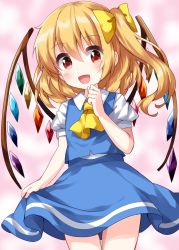 Rule 34 | 1girl, :d, ascot, blonde hair, blue skirt, blue vest, blush, bow, commentary request, cosplay, cowboy shot, crystal, daiyousei, daiyousei (cosplay), flandre scarlet, flat chest, hair between eyes, hair bow, hand on own chin, hand up, highres, looking at viewer, no headwear, one-hour drawing challenge, one side up, open mouth, pink background, puffy short sleeves, puffy sleeves, red eyes, ruu (tksymkw), short hair, short sleeves, simple background, skirt, skirt hold, smile, solo, touhou, vest, wings, yellow ascot, yellow bow