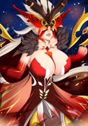 Rule 34 | 1girl, absurdres, bare shoulders, blonde hair, breasts, dress, fur trim, genshin impact, haarmades, highres, large breasts, long hair, mask, red dress, red lips, signora (crimson witch of embers) (genshin impact), signora (genshin impact), smile, solo, strapless, strapless dress
