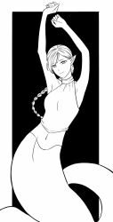 Rule 34 | 1girl, armpits, arms up, bare arms, braid, braided ponytail lamia (dungeon meshi), breasts, closed mouth, commentary, crop top, dungeon meshi, english commentary, facial mark, forehead mark, greyscale, halterneck, head tilt, highres, irithyll8157351, lamia, long hair, looking at viewer, medium breasts, monochrome, monster girl, navel, outside border, pointy ears, single braid, sleeveless, smile, solo