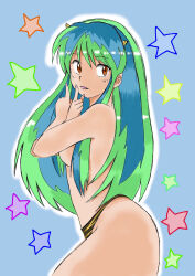 Rule 34 | 1girl, absurdres, animal print, bikini, bikini bottom only, blue background, commentary, cone horns, convenient censoring, fang, from side, green hair, hair censor, highres, horns, long hair, lum, marumo 516, outer glow, parted lips, pointy ears, print bikini, red eyes, solo, standing, star (symbol), swimsuit, tiger print, topless, urusei yatsura