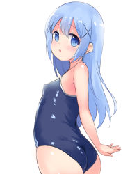 Rule 34 | 1girl, :o, ass, blue eyes, blush, breasts, competition school swimsuit, covered erect nipples, cowboy shot, dutch angle, gochuumon wa usagi desu ka?, hair ornament, kafuu chino, long hair, looking at viewer, looking back, one-piece swimsuit, open mouth, panbai, school swimsuit, shiny clothes, shiny skin, silver hair, simple background, small breasts, solo, swimsuit, white background, x hair ornament