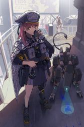 Rule 34 | 1girl, absurdres, android, cape, commentary, cup, cyborg, disposable cup, drinking, gun, handgun, highres, holster, holstered, ichiyon, long hair, mecha, mechanical legs, non-humanoid robot, original, outdoors, pistol, police, red hair, robot, robot animal, science fiction, tail, weapon