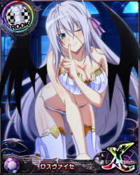 Rule 34 | 1girl, antenna hair, aqua eyes, blue bra, bra, breasts, card (medium), character name, chess piece, demon wings, gloves, hair ribbon, high school dxd, large breasts, long hair, looking at viewer, navel, official art, open mouth, ribbon, rook (chess), rossweisse, silver hair, smile, solo, trading card, underwear, very long hair, wings