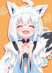 Rule 34 | 1girl, absurdres, ahoge, animal ear fluff, animal ears, blue neckerchief, blush, braid, breasts, closed eyes, commentary request, detached sleeves, earrings, facing viewer, fang, fox ears, fox girl, fox tail, hair between eyes, highres, hololive, hood, hoodie, jewelry, long hair, neckerchief, notice lines, open mouth, orange background, pentagram, polka dot, polka dot background, sen (sen42724788), shirakami fubuki, sidelocks, simple background, single braid, skin fang, small breasts, solo, tail, virtual youtuber, white hair, white hoodie