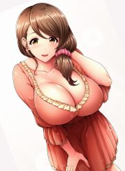 Rule 34 | 1girl, :d, blush, breasts, brown eyes, brown hair, cleavage, commentary request, dress, hair behind ear, hand on thigh, highres, idolmaster, idolmaster cinderella girls, large breasts, long hair, looking at viewer, low tied hair, mature female, mochida arisa, open mouth, orange dress, pink scrunchie, scrunchie, smile, standing, swept bangs, umasan