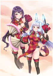 Rule 34 | 10s, 2girls, bare shoulders, black gloves, black legwear, blue hair, breasts, brown eyes, china dress, chinese clothes, chinese new year, cleavage, cleavage cutout, clothing cutout, cloud, detached sleeves, dress, hand fan, female admiral (kancolle), frilled legwear, frilled sleeves, frills, garter straps, gloves, hair ribbon, headgear, hiememiko, highres, kantai collection, large breasts, long hair, looking at viewer, low twintails, medium breasts, money, multiple girls, murakumo (kancolle), new year, pelvic curtain, purple eyes, purple hair, ribbon, short eyebrows, smile, standing, thighhighs, tress ribbon, twintails, very long hair, wide sleeves, wife and wife