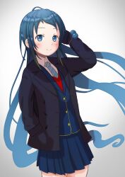 Rule 34 | 1girl, blue eyes, blue hair, dolphins3ino, hand in pocket, highres, jacket, kantai collection, long hair, long sleeves, necktie, pleated skirt, samidare (kancolle), school uniform, simple background, skirt, solo, very long hair