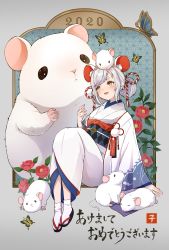 Rule 34 | 1girl, 2020, akeome, animal, animal ears, black footwear, brown eyes, bug, butterfly, chinese zodiac, commentary, flower, furisode, haori, happy new year, highres, insect, japanese clothes, kimono, long sleeves, low twintails, moguta (moguta9), mouse (animal), mouse ears, nengajou, new year, obi, open mouth, original, oversized animal, pink flower, rope, sandals, sash, shimenawa, silver hair, sitting, smile, solo, swept bangs, tablet pc, translated, twintails, white kimono, white legwear, wide sleeves, year of the rat