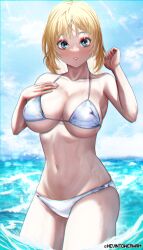 Rule 34 | absurdres, bikini, blonde hair, blue sky, breasts, cloud, day, green eyes, highres, hololive, hololive english, horizon, kevin tower, large breasts, lips, looking at viewer, ocean, outdoors, parted lips, short hair, sky, swimsuit, virtual youtuber, wading, water, watson amelia, white bikini