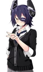 Rule 34 | 10s, 1girl, 501092-taka, blush, brown eyes, cardigan, checkered clothes, checkered necktie, checkered neckwear, eyepatch, headgear, jewelry, kantai collection, necktie, no gloves, purple hair, ring, short hair, simple background, sleeves rolled up, solo, tenryuu (kancolle), wedding band, white background
