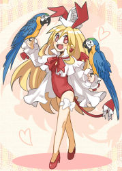 Rule 34 | 1girl, bare shoulders, bat wings, bird, blonde hair, blush, bow, detached sleeves, disgaea, fang, flonne, flonne (fallen angel), full body, hair bow, high heels, highres, long hair, looking at viewer, open mouth, pointy ears, red bow, red eyes, red footwear, tail, tail bow, tail ornament, wings