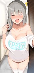 Rule 34 | 1girl, ^^^, absurdres, bad id, bad twitter id, bare shoulders, blush, breasts, cleavage, closed eyes, clothes writing, collarbone, commentary request, doorway, grey hair, highres, holding, huge breasts, jakko, long hair, mature female, naked shirt, off shoulder, open mouth, opening door, pov doorway, romaji text, shirt, short sleeves, solo, standing, sugoi dekai, t-shirt, thighhighs, thighs, uzaki-chan wa asobitai!, uzaki tsuki, white thighhighs