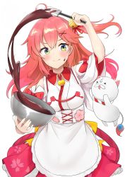Rule 34 | 1girl, 35p (sakura miko), absurdres, ahoge, apron, bowl, breasts, chocolate, commentary request, detached sleeves, green eyes, hair ornament, hairclip, highres, hololive, japanese clothes, long hair, miko, pink hair, sakura miko, sakura miko (1st costume), satobitob, simple background, solo, virtual youtuber, white background