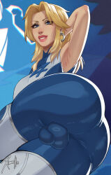 1girl armpits ass blonde_hair blue_eyes breasts bulge commentary cowboy_shot earrings english_commentary fantastic_four futanari highres jewelry large_breasts marvel marvel_rivals medium_hair solo sue_storm teeth watermark xinaelle