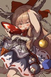Rule 34 | 1girl, alcohol, armpits, belt, blush, bow, bowtie, breasts, brown background, chain, commentary request, cube, cup, drunk, fang, feet out of frame, gourd, hair bow, highres, ibuki suika, igarashi yuusuke (wabisabi buriki), light brown hair, long hair, looking at viewer, open mouth, orb, pyramid (structure), red bow, red bowtie, ribbon-trimmed skirt, ribbon trim, sakazuki, sake, shirt, sidelocks, simple background, skin fang, sleeveless, sleeveless shirt, small breasts, smile, solo, squeans, touhou, very long hair, white shirt, wrist cuffs