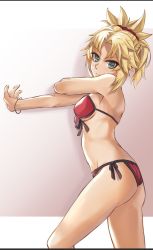 Rule 34 | 1girl, bikini, blonde hair, braid, breasts, fate/grand order, fate (series), french braid, from side, green eyes, groin, hair ornament, hair scrunchie, highres, keisuke desu~, looking at viewer, medium breasts, mordred (fate), mordred (fate) (all), mordred (fate/apocrypha), mordred (swimsuit rider) (fate), mordred (swimsuit rider) (first ascension) (fate), outstretched arm, ponytail, red bikini, red scrunchie, scrunchie, side-tie bikini bottom, sideboob, solo, swimsuit, thighs