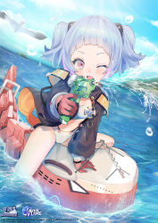 Rule 34 | 1girl, azur lane, bird, blue hair, blunt bangs, breasts, child, copyright name, gloves, highres, long sleeves, looking at viewer, ocean, official art, one eye closed, open mouth, red eyes, riding, seagull, short hair, short twintails, sinomi, small breasts, smile, solo, spread legs, swimsuit, twintails, u-556 (azur lane), v-shaped eyebrows, water, water gun, wet