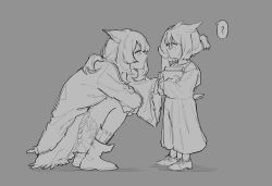 Rule 34 | 2girls, ?, aged down, ankle boots, arknights, bird tail, boots, dress, glasses, grey hair, greyscale, headpat, highres, low ponytail, medium hair, monochrome, multiple girls, one eye closed, owl ears, ptilopsis (arknights), shoes, short hair, short ponytail, silence (arknights), simple background, spoken question mark, squatting, tail, zy (zyyyyyyy9)