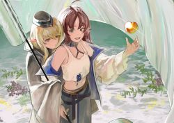 Rule 34 | 2girls, arknights, blonde hair, brown hair, cowboy shot, durin (arknights), flag, glint, hat, highres, jacket, leaf, long sleeves, midriff, multiple girls, myrtle (arknights), navel, open mouth, plant, pointy ears, smile, tank top, the taika, upper body, white jacket, white tank top