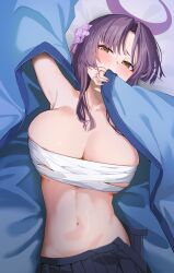 Rule 34 | 1girl, absurdres, armpits, arms up, bandages, blue archive, blush, breasts, brown eyes, cleavage, closed mouth, collarbone, eyeshadow, groin, hair between eyes, hakama, halo, highres, japanese clothes, kimono, large breasts, long hair, long sleeves, looking at viewer, lying, makeup, navel, off shoulder, on back, open clothes, purple hair, purple halo, red eyeshadow, sarashi, shinroji, solo, stomach, underwear, wide sleeves, yukari (blue archive)
