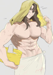 Rule 34 | 1boy, abs, bara, brown eyes, brown hair, closed mouth, granblue fantasy, grey background, highres, holding, large pectorals, long hair, male focus, momimomi, muscular, muscular male, navel, nipples, pectorals, siegfried (granblue fantasy), simple background, solo, towel, towel around waist, towel on head, translation request, yellow towel