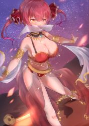 Rule 34 | 1girl, :d, absurdres, anklet, armlet, barefoot, berotore, bracelet, breasts, cleavage, dancer, gem, gold trim, hair ribbon, heterochromia, highres, hololive, houshou marine, jewelry, large breasts, looking at viewer, mouth veil, necklace, open mouth, plantar flexion, red eyes, red hair, ribbon, rug, see-through, skull cup, sky, smile, solo, star (sky), starry sky, veil, virtual youtuber, yellow eyes