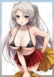 Rule 34 | 1girl, :d, bikini, bikini top only, black bikini, blush, breasts, comiket 100, commentary request, conte di cavour (kancolle), cowboy shot, front-tie bikini top, front-tie top, grey hair, highres, kantai collection, large breasts, long hair, looking at viewer, navel, open mouth, pleated skirt, pom pom (cheerleading), purple eyes, red skirt, skirt, smile, solo, star (symbol), starry background, swimsuit, toriniku senshi chikinman, white background