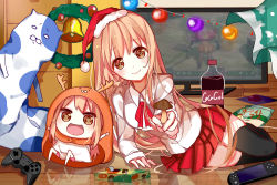 Rule 34 | 10s, 2girls, akira (ying), animal costume, antlers, arm support, arms up, bad id, bad pixiv id, bauble, bell, blush, bobblehat, box, brown eyes, brown hair, buttons, chibi, christmas, christmas ornaments, controller, curtains, doma umaru, dual persona, dualshock, eyelashes, game controller, gamepad, hamster costume, handheld game console, hat, highres, himouto! umaru-chan, horns, indoors, komaru (himouto! umaru-chan), long sleeves, looking at viewer, lying, messy room, mousepad, mousepad (object), multiple girls, mushroom, on side, open mouth, package, pillow, playstation controller, playstation vita, pleated skirt, red ribbon, red skirt, reflection, reindeer antlers, ribbon, santa hat, shirt, sitting, skirt, stuffed animal, stuffed toy, television, thighhighs, white shirt, wreath, zettai ryouiki