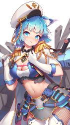Rule 34 | 1girl, :t, aiguillette, animal ears, blue eyes, blue hair, breasts, cat ears, catxuan, chinese commentary, cleavage, epaulettes, gloves, hat, highres, original, riding crop, solo