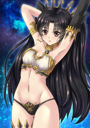 Rule 34 | 1girl, absurdres, armpits, arms up, black bow, black hair, black panties, black sleeves, bow, bra, breasts, choker, cleavage, collarbone, cowboy shot, detached sleeves, earrings, fate/grand order, fate (series), floating hair, gluteal fold, groin, hair bow, highres, ishtar (fate), jewelry, leaning back, long hair, long sleeves, looking at viewer, medium breasts, panties, red eyes, sawwei005, single sleeve, solo, standing, strapless, strapless bra, underwear, very long hair, white bra
