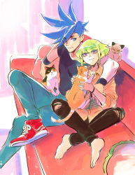 Rule 34 | 2boys, bae (baebae), barefoot, blue eyes, blue hair, casual, cat, couch, denim, eyes visible through hair, faux traditional media, galo thymos, green hair, highres, indian style, jeans, lio fotia, multiple boys, pants, promare, purple eyes, shirt, sidelocks, sitting, spiked hair, t-shirt, torn clothes, torn pants, wristband