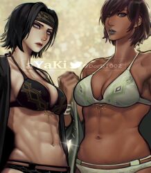 Rule 34 | 2girls, abs, armpits, ayaki blade, bikini, black hair, breasts, cleavage, closed mouth, collarbone, commission, dark-skinned female, dark skin, expressionless, final fantasy, final fantasy xiv, freckles, hair over one eye, halterneck, headband, highres, large breasts, lips, lipstick, looking at viewer, makeup, mole, mole under eye, multicolored hair, multiple girls, navel, open clothes, open shirt, pale skin, parted bangs, parted lips, purple eyes, purple hair, purple lips, roegadyn, short hair, skindentation, stomach, swimsuit, twitter username, two-tone hair, undressing, upper body, warrior of light (ff14), watermark