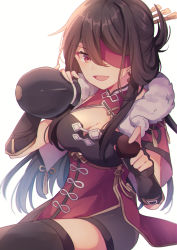 Rule 34 | 1girl, :d, beidou (genshin impact), breasts, chocolate, cleavage, colored eyepatch, commentary request, eyebrows, eyelashes, eyepatch, food, genshin impact, highres, holding, holding chocolate, holding food, medium breasts, one eye covered, open mouth, shirase (shirose), smile, solo, thighhighs