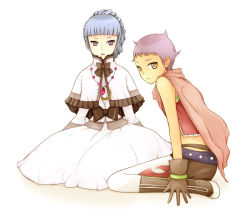 Rule 34 | 2girls, ange serena, belt, blue hair, boots, brown eyes, cape, capelet, dress, frills, hermana larmo, jewelry, midriff, multiple girls, pantyhose, pink hair, ponytail, purple eyes, ribbon, short hair, shorts, tales of (series), tales of innocence, thighhighs