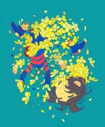 Rule 34 | aqua background, blue footwear, blue shirt, blue shorts, boots, brown hair, closed eyes, closed mouth, floating, flower, frisk (undertale), looking down, shirt, short hair, shorts, simple background, soseji (tjduswjd), split, striped clothes, striped shirt, teleport, undertale, yellow flower