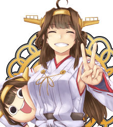 Rule 34 | (o) (o), 10s, 2girls, :d, ^ ^, armpits, black eyes, brown hair, chibi, detached sleeves, dual persona, closed eyes, grin, hairband, ishii hisao, kantai collection, kongou (kancolle), long hair, looking at viewer, multiple girls, munmu, nontraditional miko, open mouth, smile, v