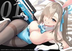 Rule 34 | 1girl, animal ears, assault rifle, asuna (blue archive), asuna (bunny) (blue archive), bare shoulders, blue archive, blue eyes, blue leotard, blush, bow, bowtie, breasts, brown pantyhose, bullpup, cleavage, detached collar, elbow gloves, fake animal ears, famas, gloves, grin, gun, hair over one eye, highleg, highleg leotard, highres, large breasts, leotard, light brown hair, long hair, looking at viewer, lying, mole, mole on breast, on side, pantyhose, playboy bunny, rabbit ears, rifle, smile, solo, takehana note, thighs, traditional bowtie, weapon, white gloves
