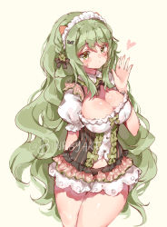 Rule 34 | 1girl, black bow, bow, breasts, bunbbyart, cleavage, clothing cutout, commentary, detached collar, dirndl, english commentary, german clothes, green hair, hair bow, head tilt, heart, highres, large breasts, long hair, maid headdress, navel cutout, open mouth, original, puffy short sleeves, puffy sleeves, short sleeves, solo, twitter username, very long hair, watermark, yellow background