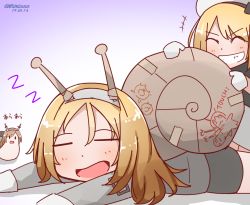 Rule 34 | antennae, artist name, blonde hair, cardboard, dated, hat, headgear, jervis (kancolle), kantai collection, long hair, long sleeves, mitchell (dynxcb25), multiple girls, mutsu (kancolle), mutsu (kantai collection), mutsu (snail), nelson (kancolle), open mouth, prank, sailor hat, skirt, tape, uniform, zzz