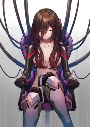 Rule 34 | 1girl, absurdres, alternate hair length, alternate hairstyle, android, cable, chair, closed eyes, commentary request, completely nude, crossed legs, gaming chair, hair censor, highres, hololive, long hair, mechanical arms, mechanical legs, mikan (chipstar182), nude, roboco-san, simple background, sitting, solo, swivel chair, virtual youtuber, wire